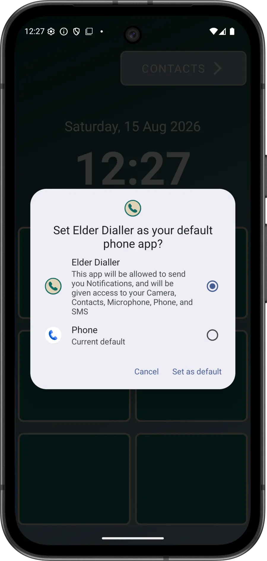 Android-controlled Elder Dialler setup prompt shown on a Pixel 9a emulator.