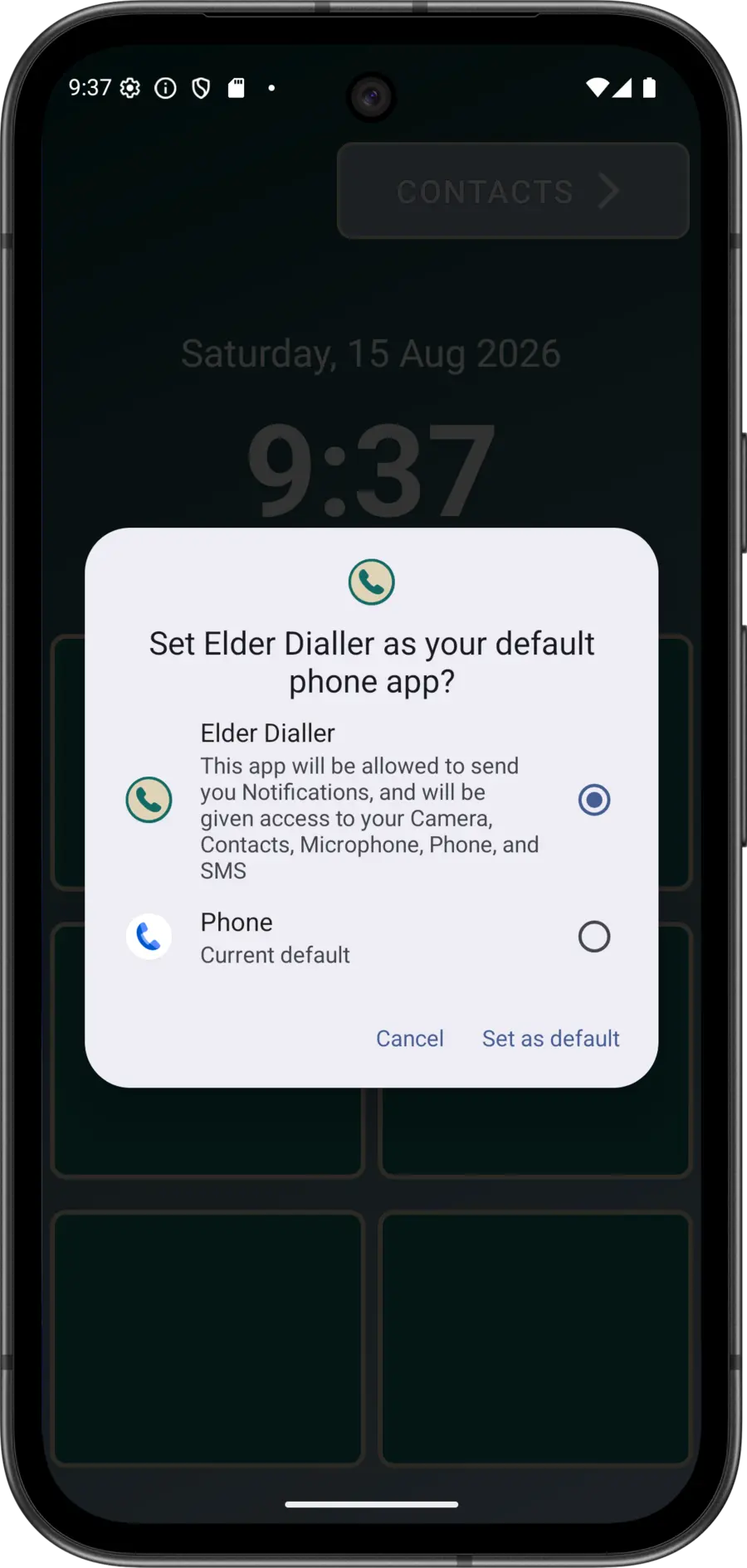 Android default phone app prompt showing Elder Dialler as a choice on a Pixel 9a emulator.