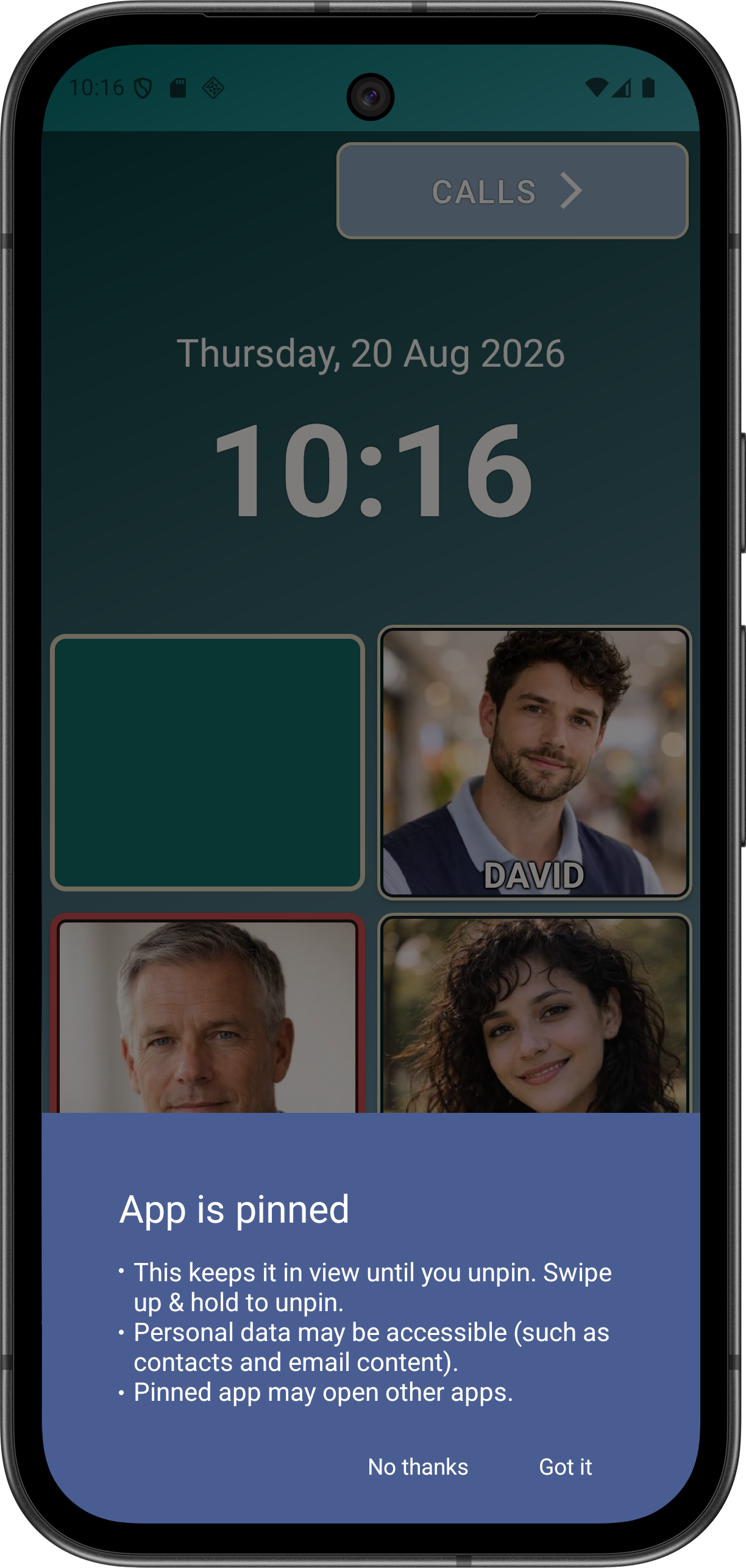 Android screen pinning prompt showing Got it and No thanks actions.