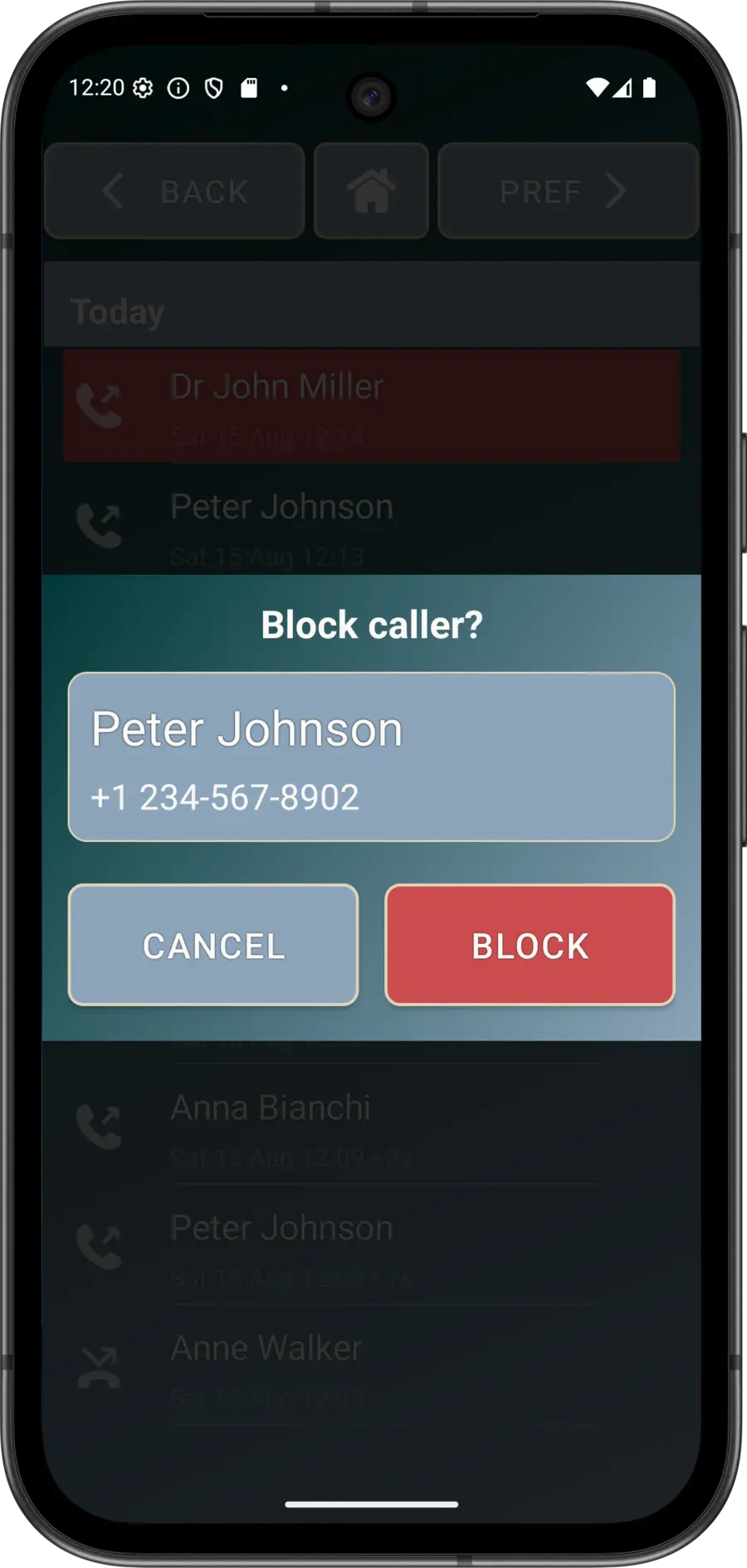 Elder Dialler contact menu showing the current block or unblock control for fictitious contacts.