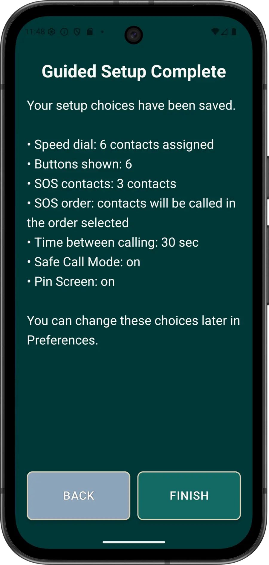 Elder Dialler Guided Setup completion screen summarising the configured choices.