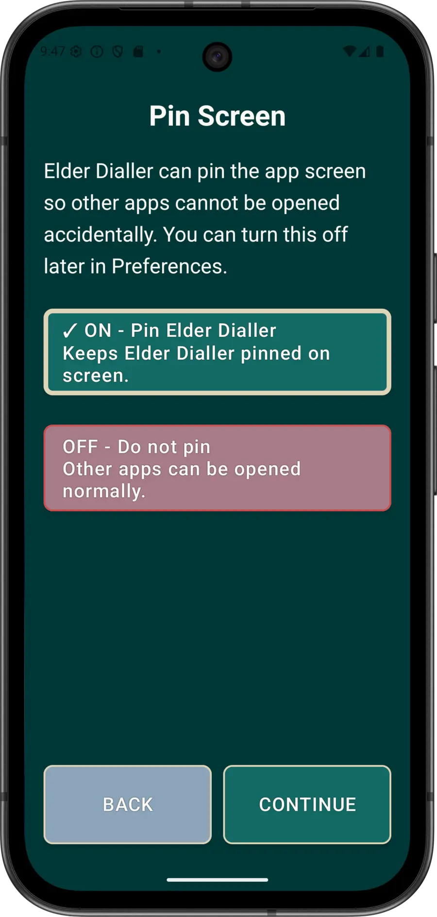 Guided Setup Pin Screen choice with on and off options.