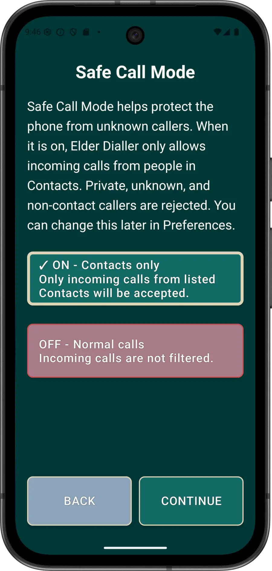 Guided Setup Safe Call Mode choice showing contacts-only and normal incoming-call options.