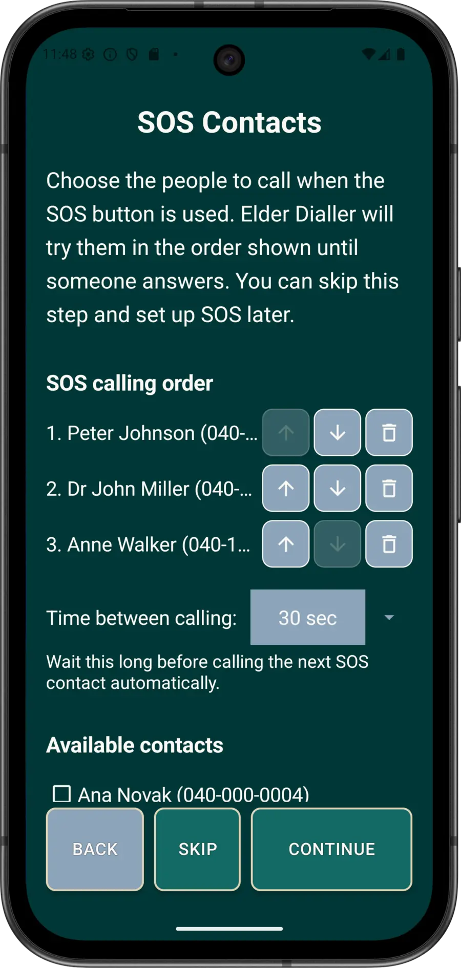 Guided Setup screen showing ordered selection of fictitious SOS contacts.