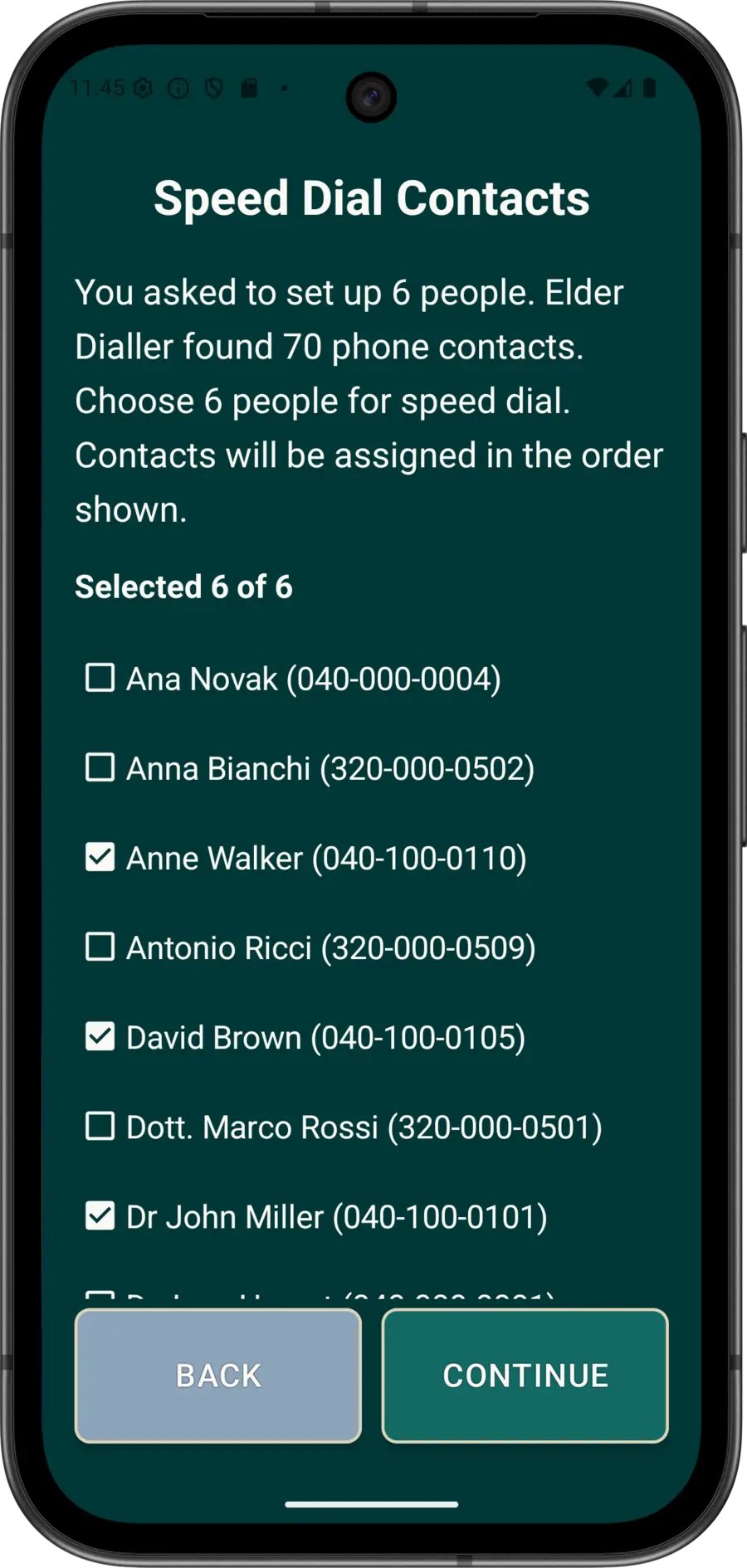 Guided Setup screen showing ordered selection of fictitious speed-dial contacts.