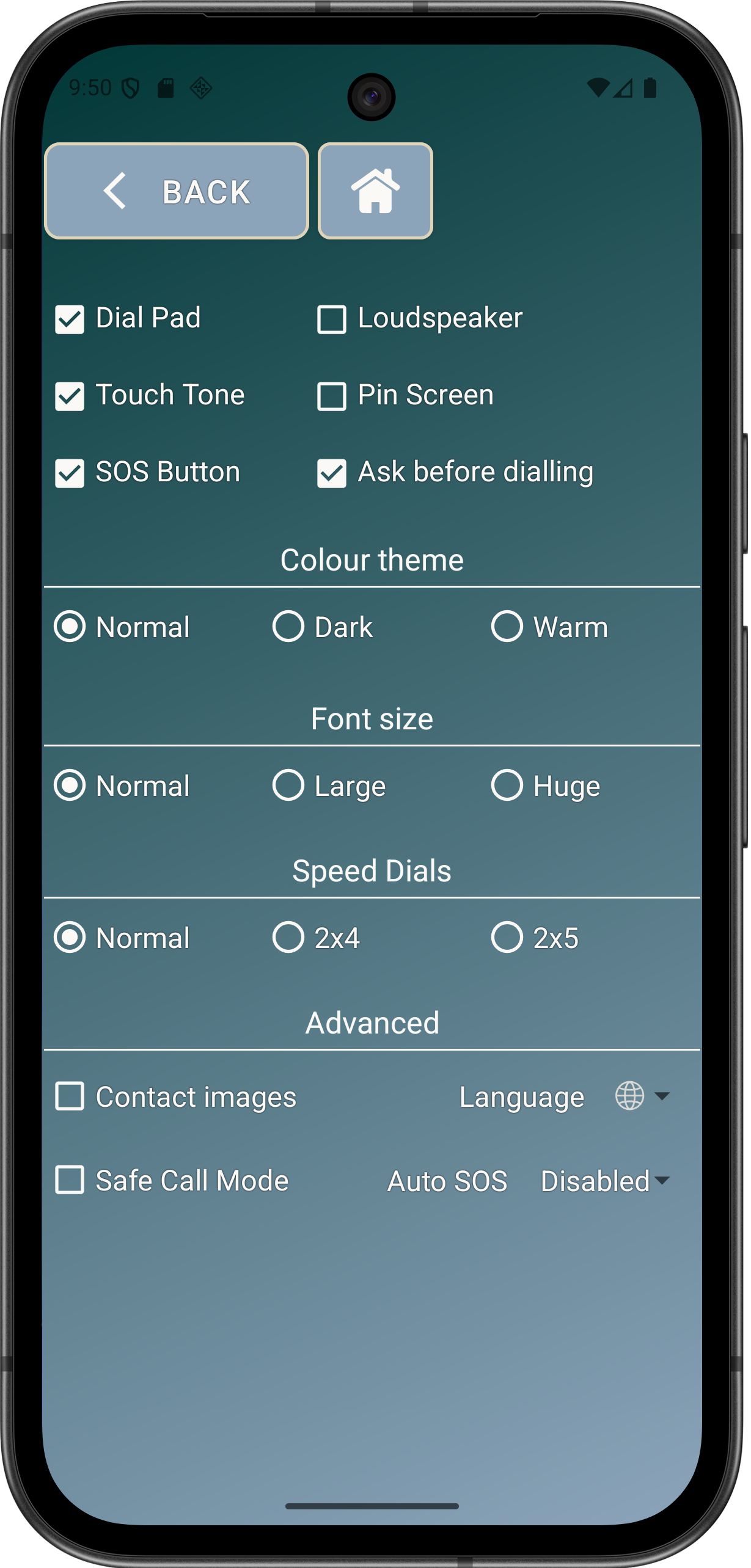 Current Elder Dialler Preferences screen showing Pin Screen in the free selector area and Safe Call Mode in Advanced.