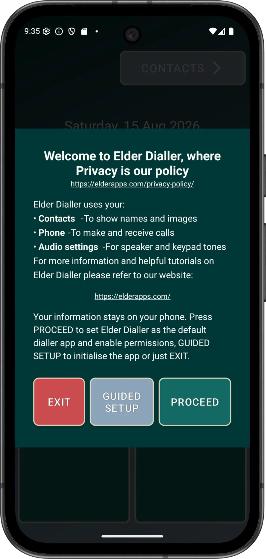 Elder Dialler first-run explanation describing why phone-related access is needed.