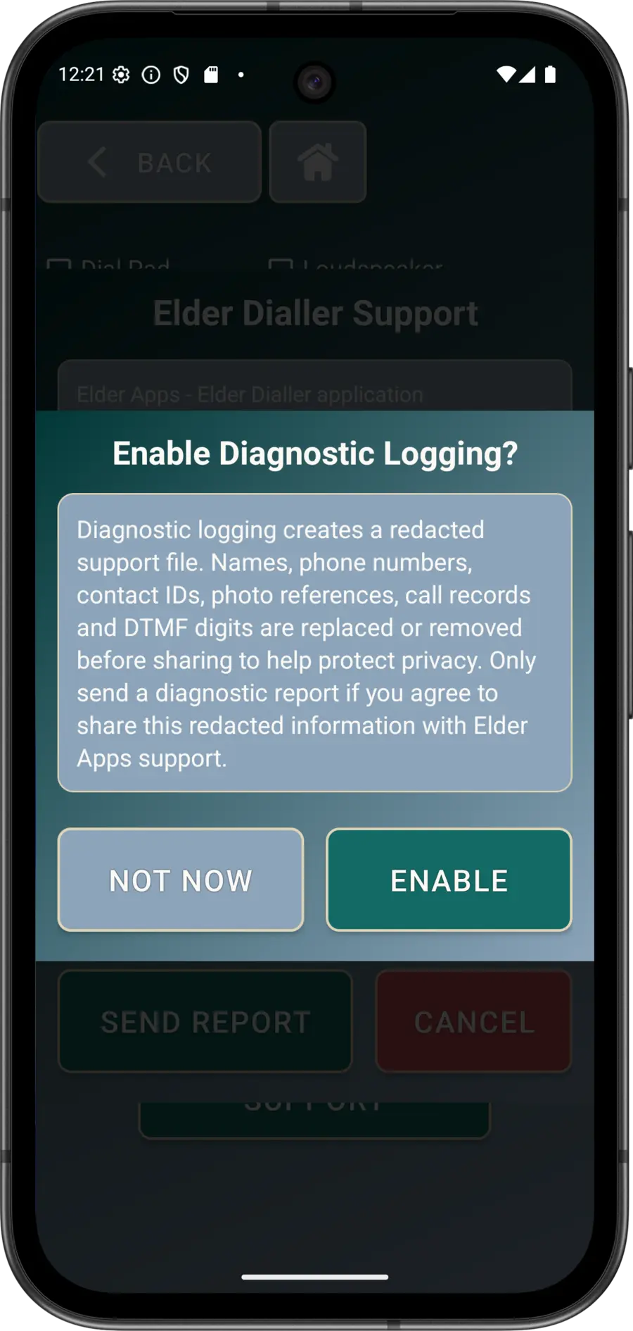 Elder Dialler Support dialog for enabling diagnostic logging and preparing a diagnostic report.