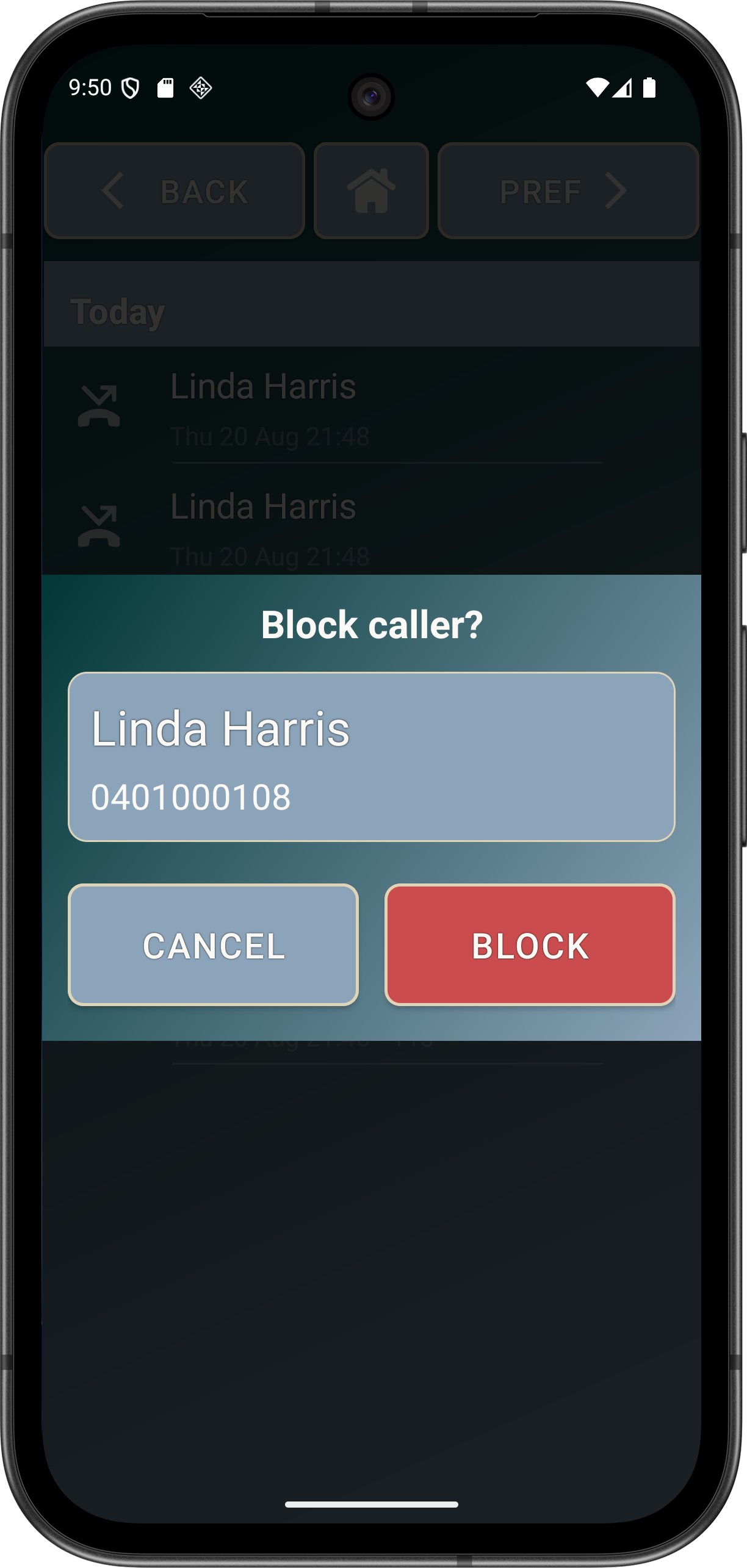 Long-press call history entry showing caller block actions.