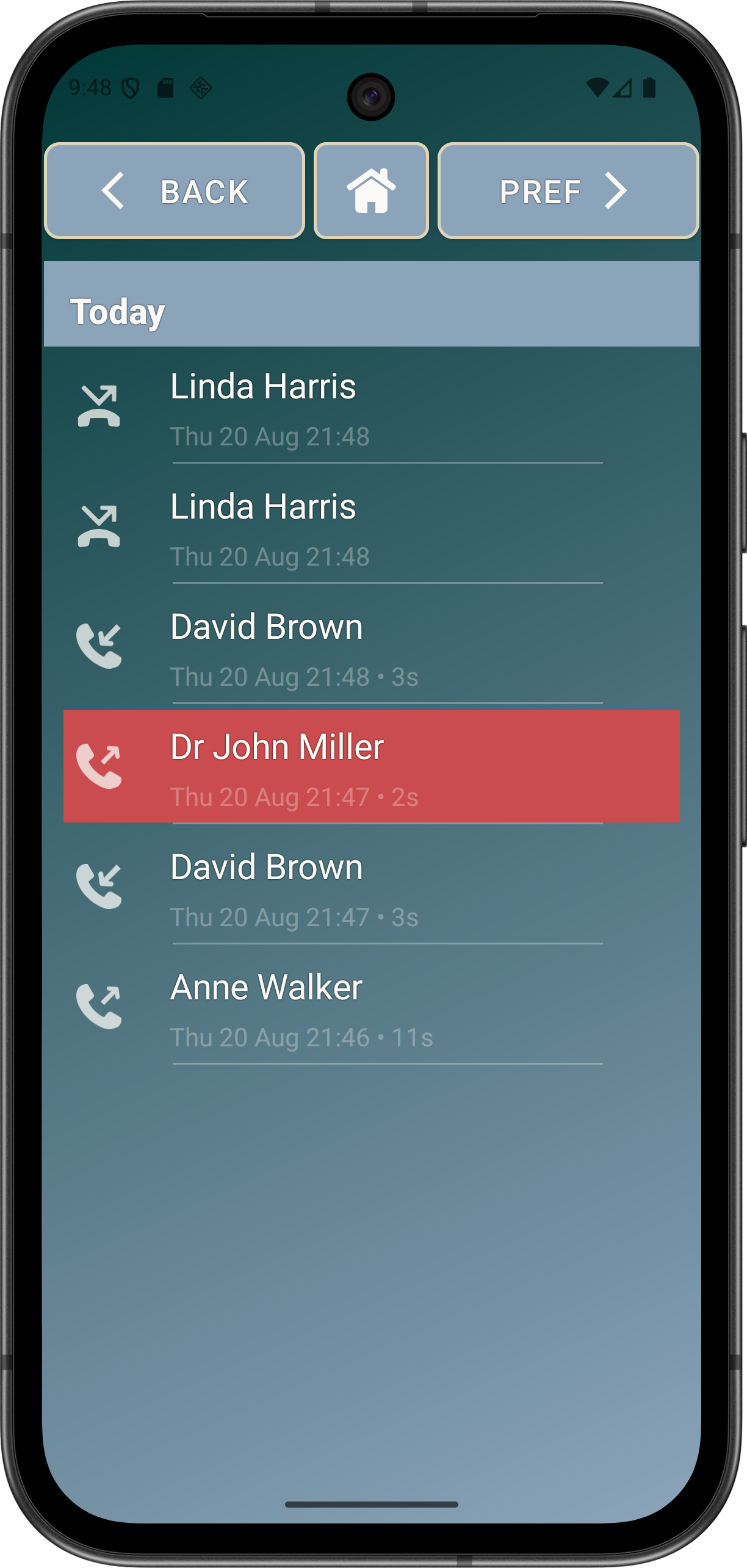 Elder Dialler Normal Mode call history screen with CONTACTS navigation visible.