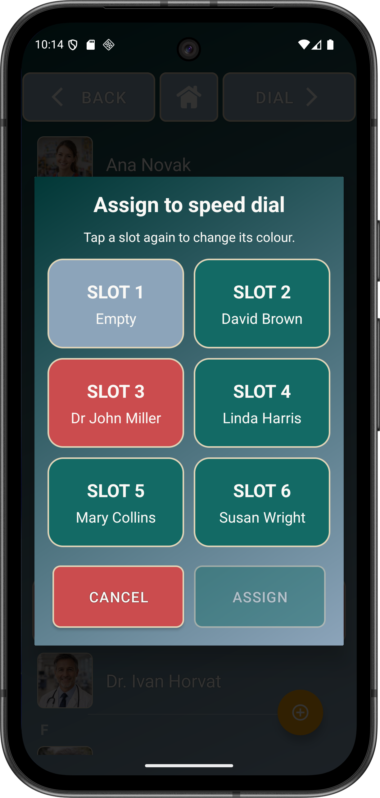 Long press on a contact name to assign a speed-dial position.