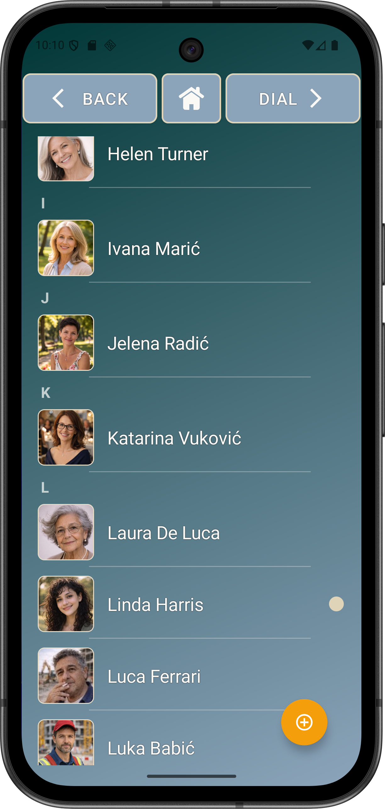 Elder Dialler Contacts screen showing the yellow add-contact button.