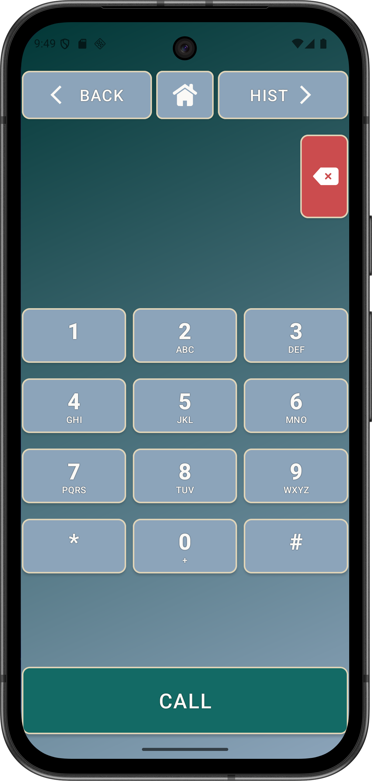 Elder Dialler Dial Pad showing number buttons, associated letters, backspace and CALL.