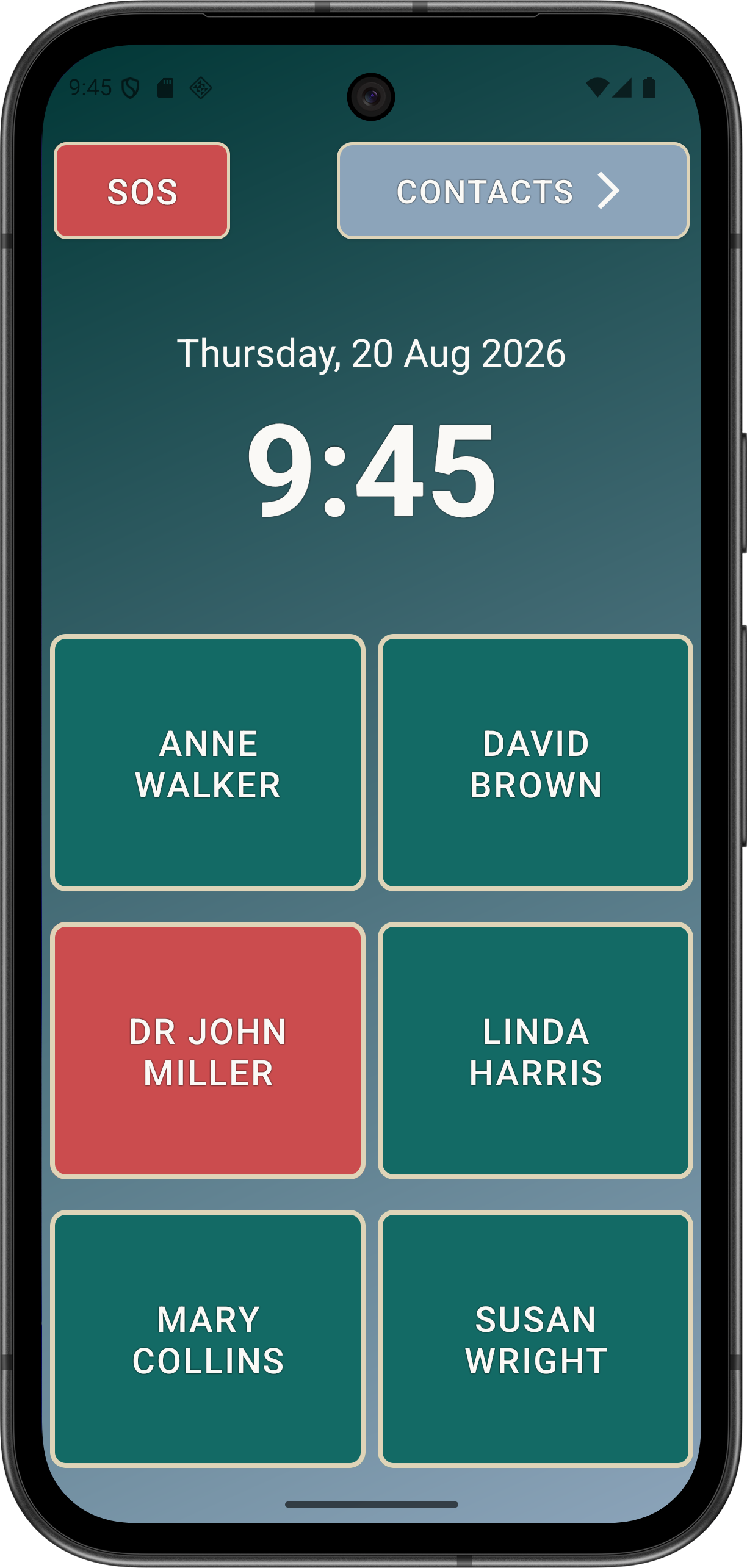 Elder Dialler Normal Mode main screen showing CONTACTS navigation.