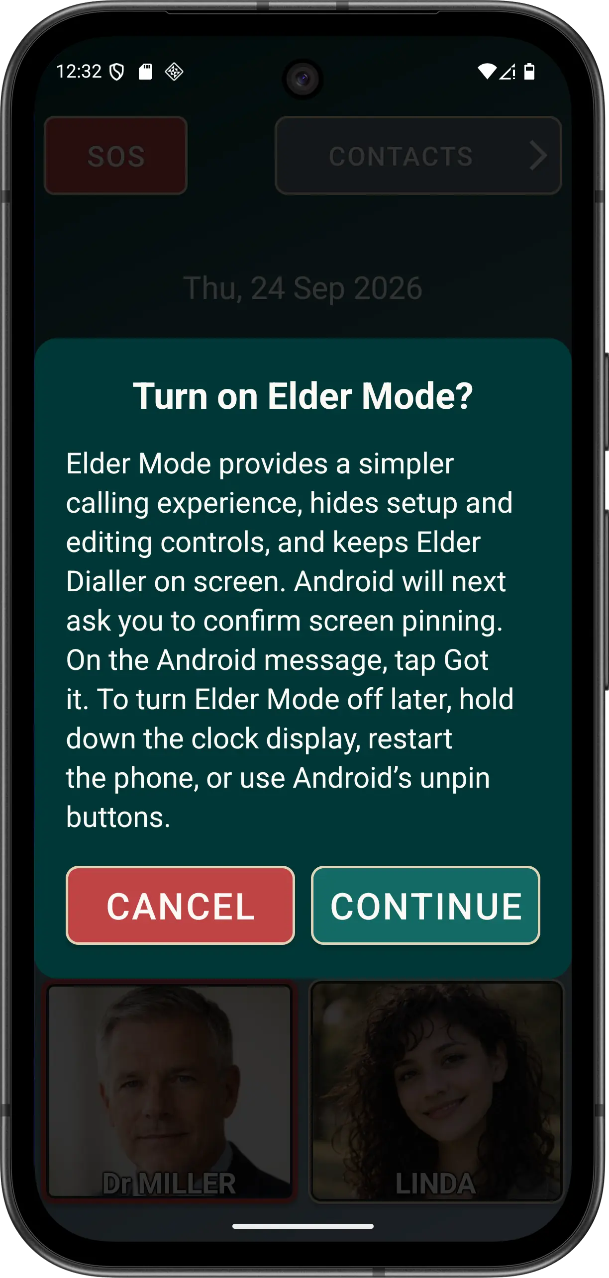 Pixel 9a capture of the Elder Dialler confirmation shown before Android screen pinning.