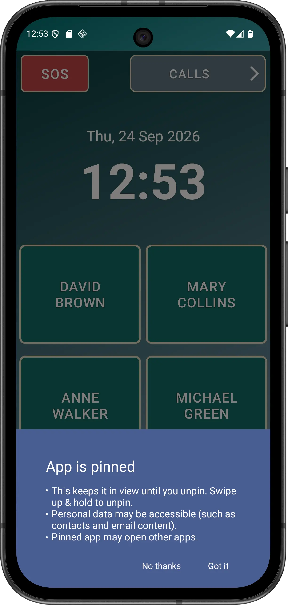 Illustrative Android screen-pinning prompt with confirmation and decline actions.