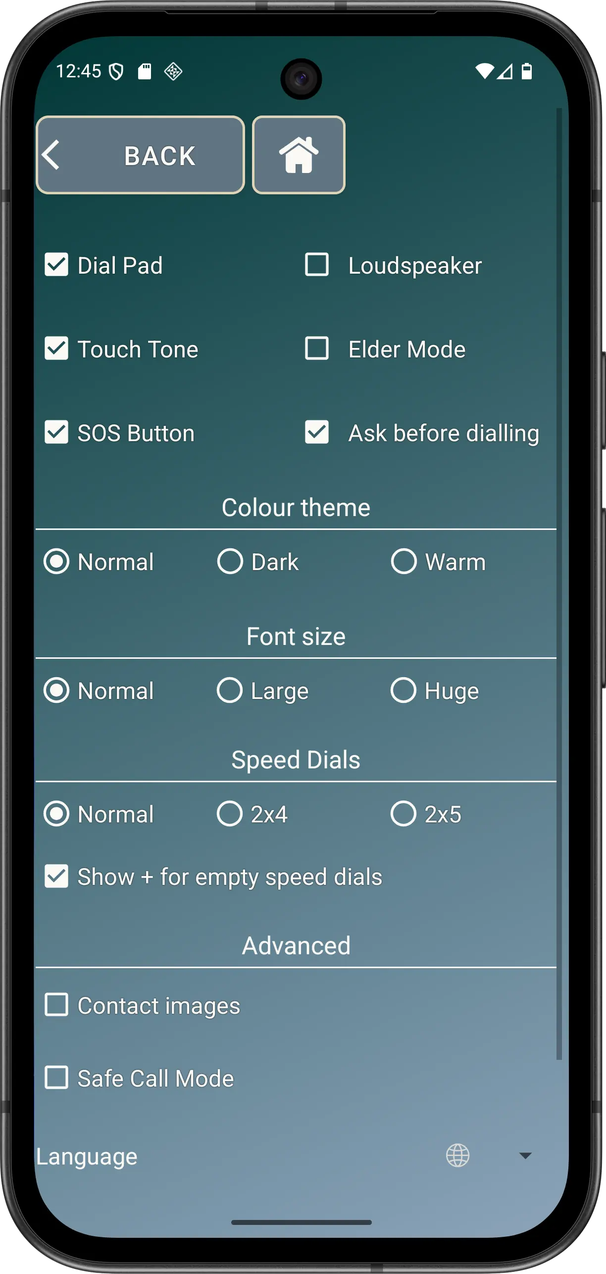 Illustrative Elder Dialler Preferences screen showing free and Advanced areas.