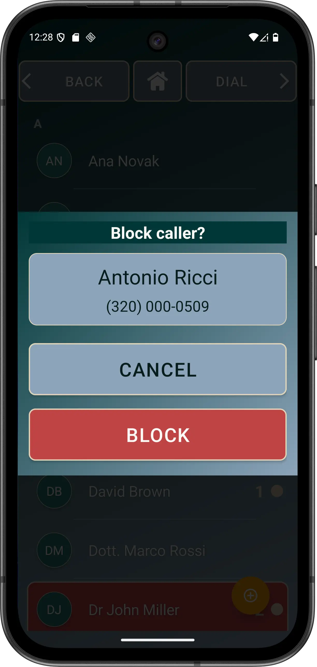 Elder Dialler confirmation for explicitly blocking a fictitious caller.