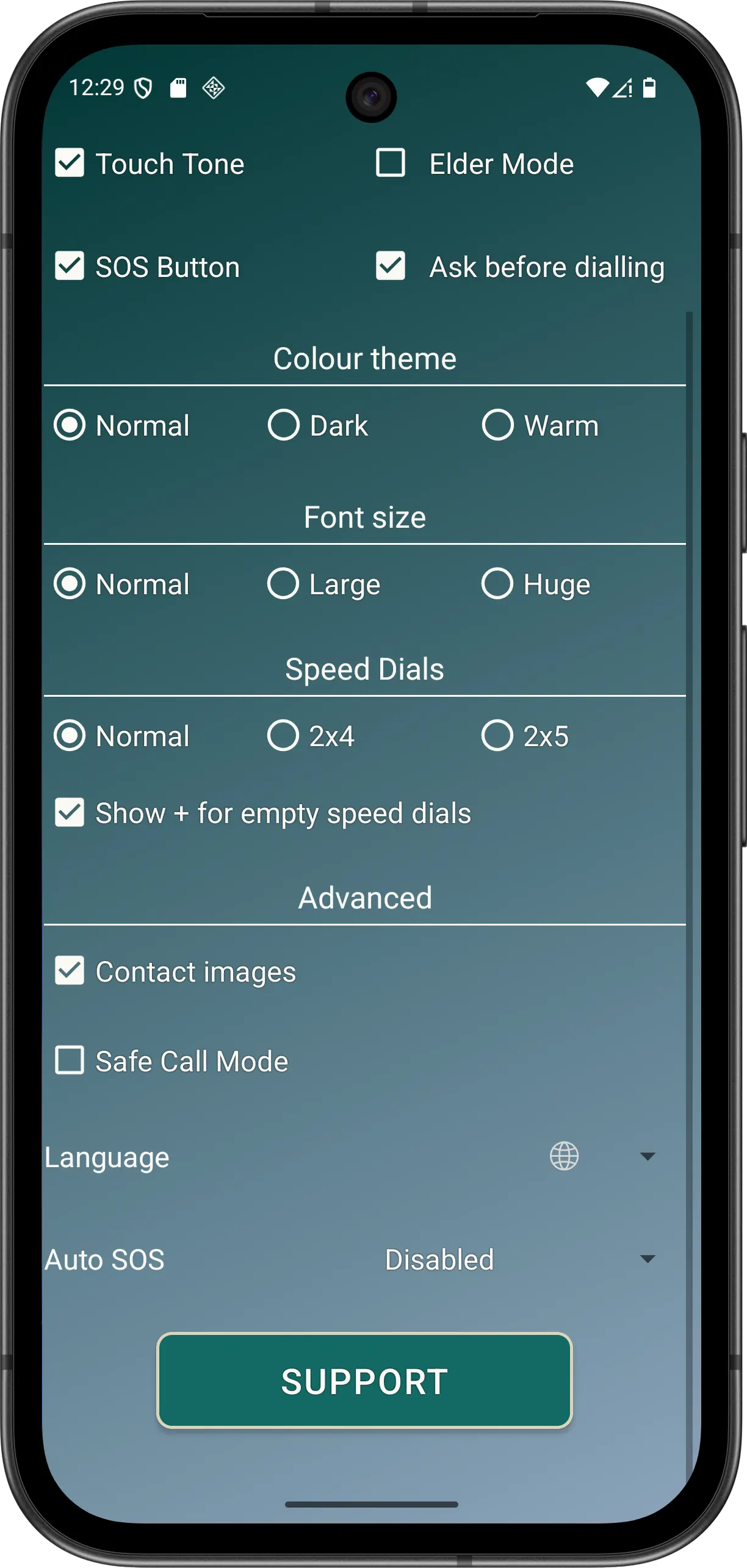 Elder Dialler Preferences with Contact images enabled.