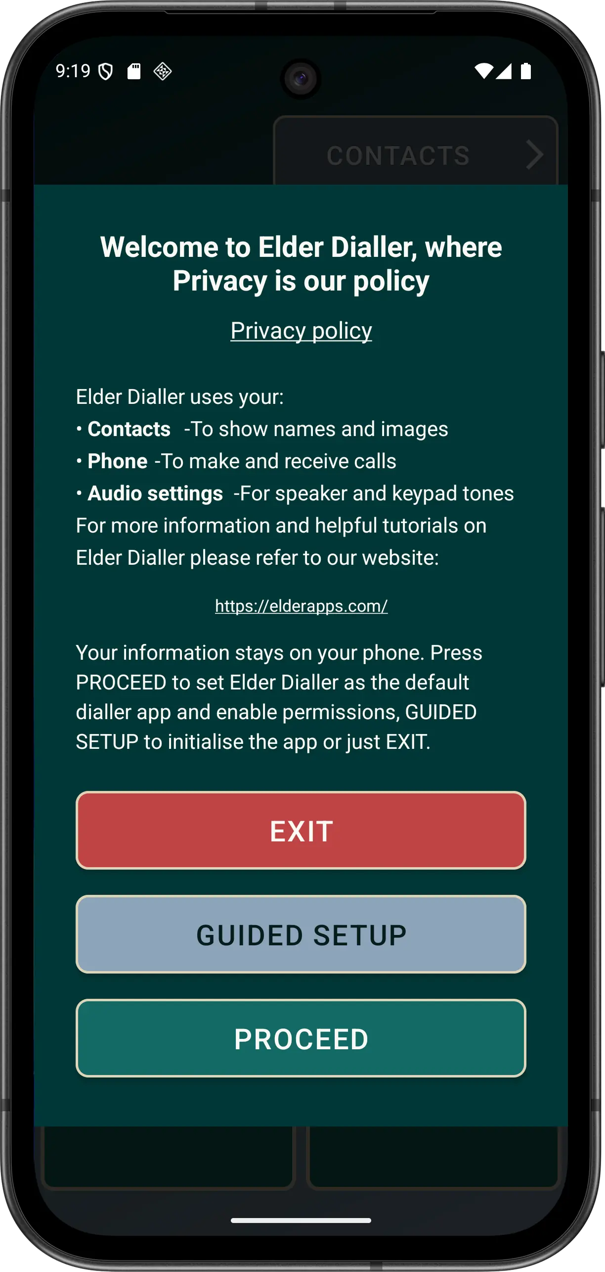 Illustrative Elder Dialler first-run explanation before the Android default-phone prompt.