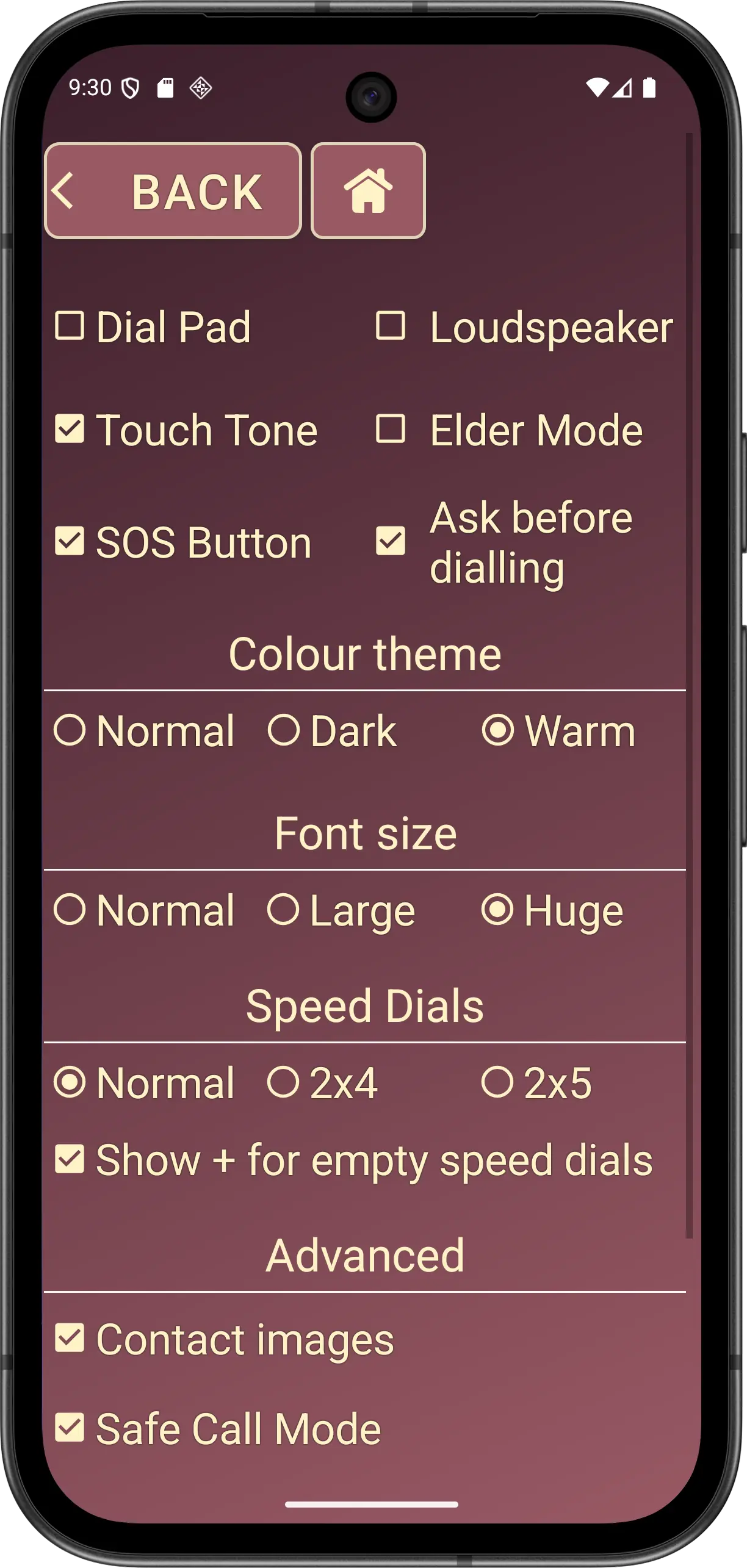Elder Dialler font options: Normal, Large and Huge.