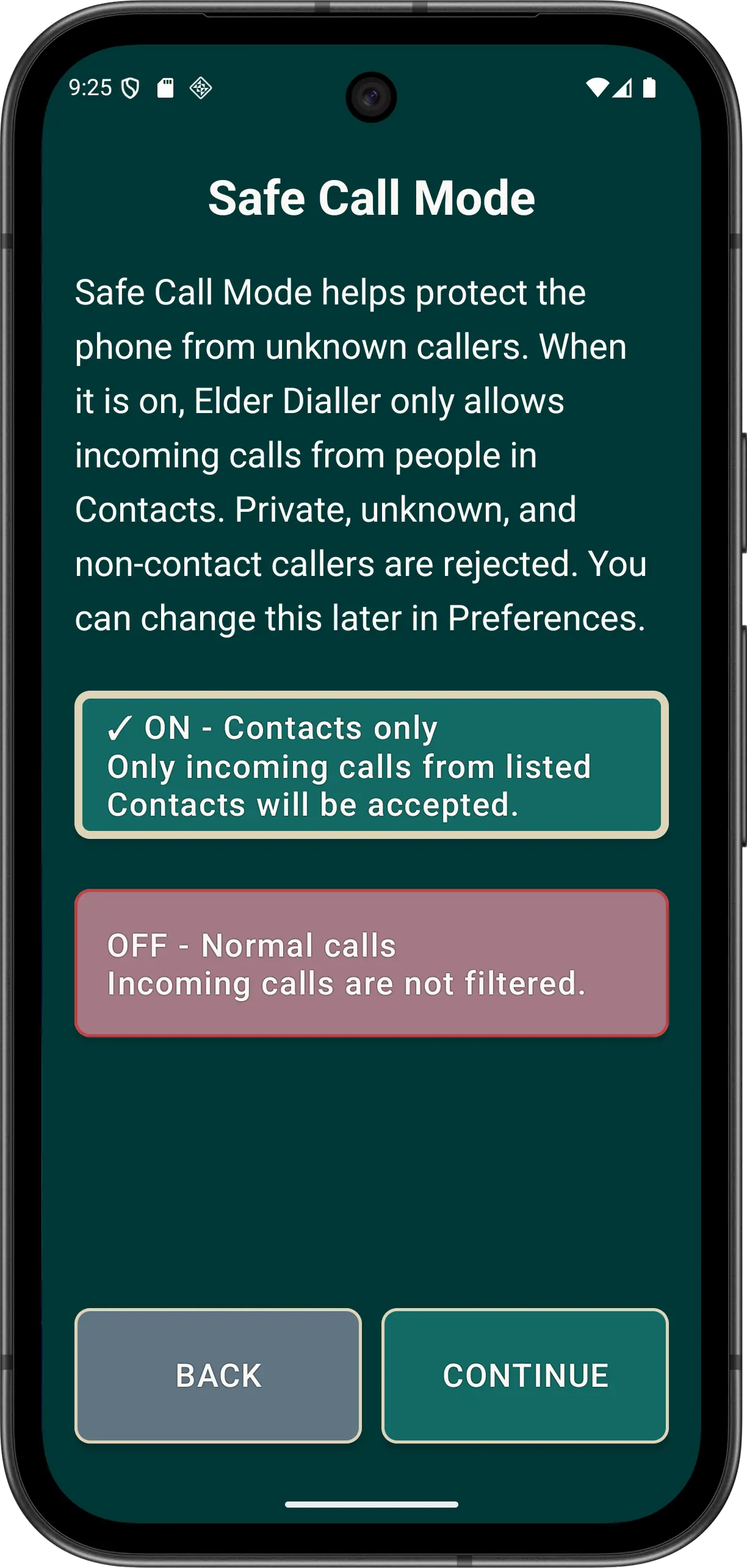 Illustrative Guided Setup Safe Call Mode screen with on and off choices.
