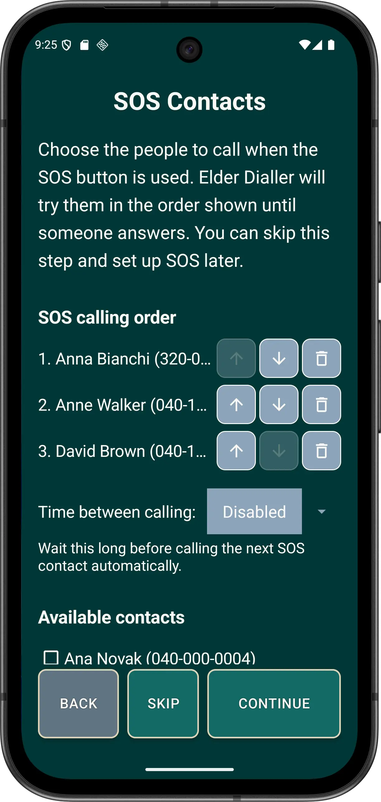 Illustrative Guided Setup SOS screen with fictitious contacts in calling order.