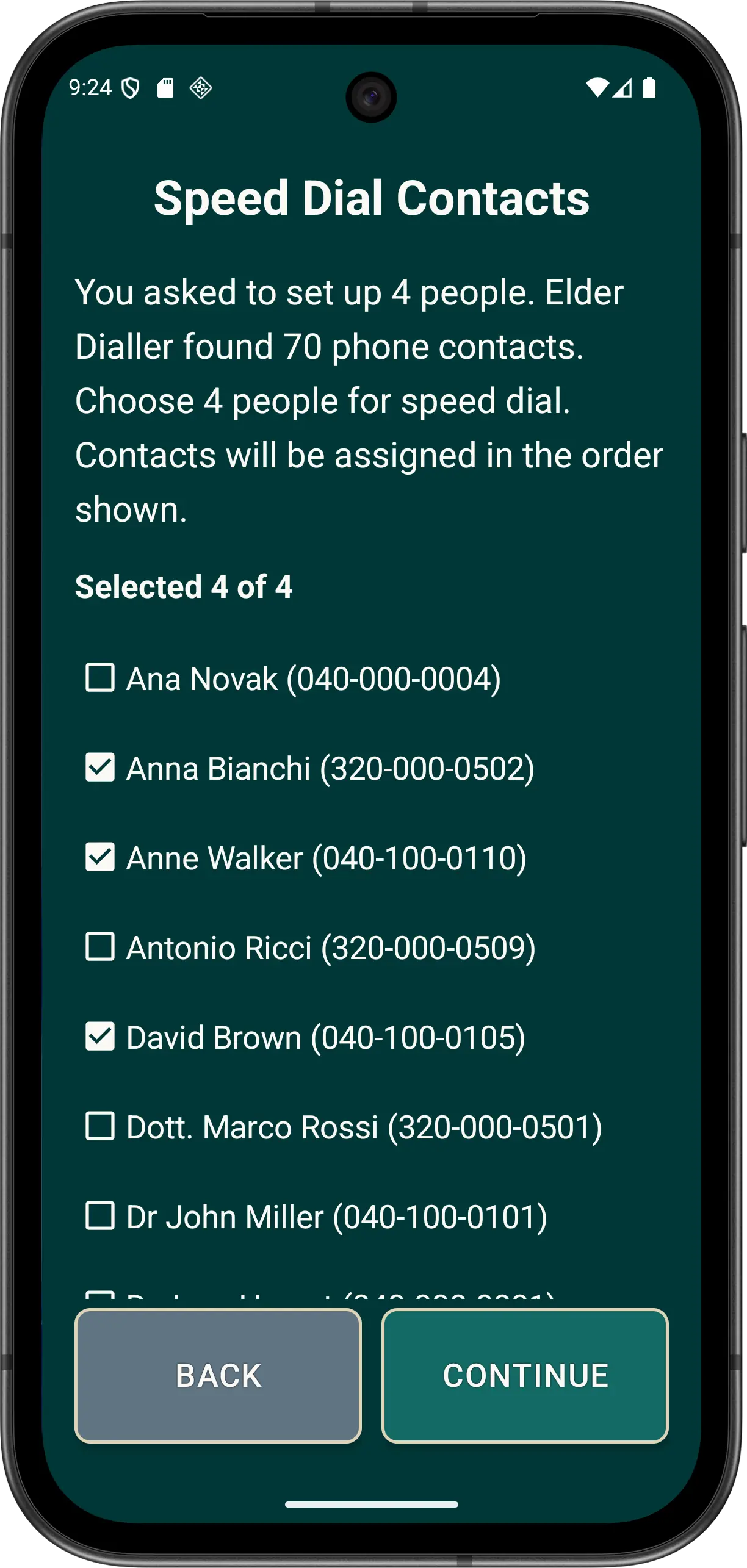 Illustrative Guided Setup screen with ordered fictitious speed-dial contacts.