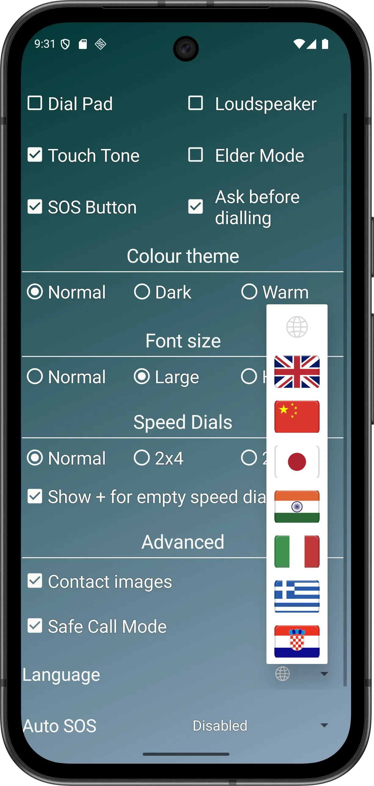 Elder Dialler language selector showing System and seven named languages.