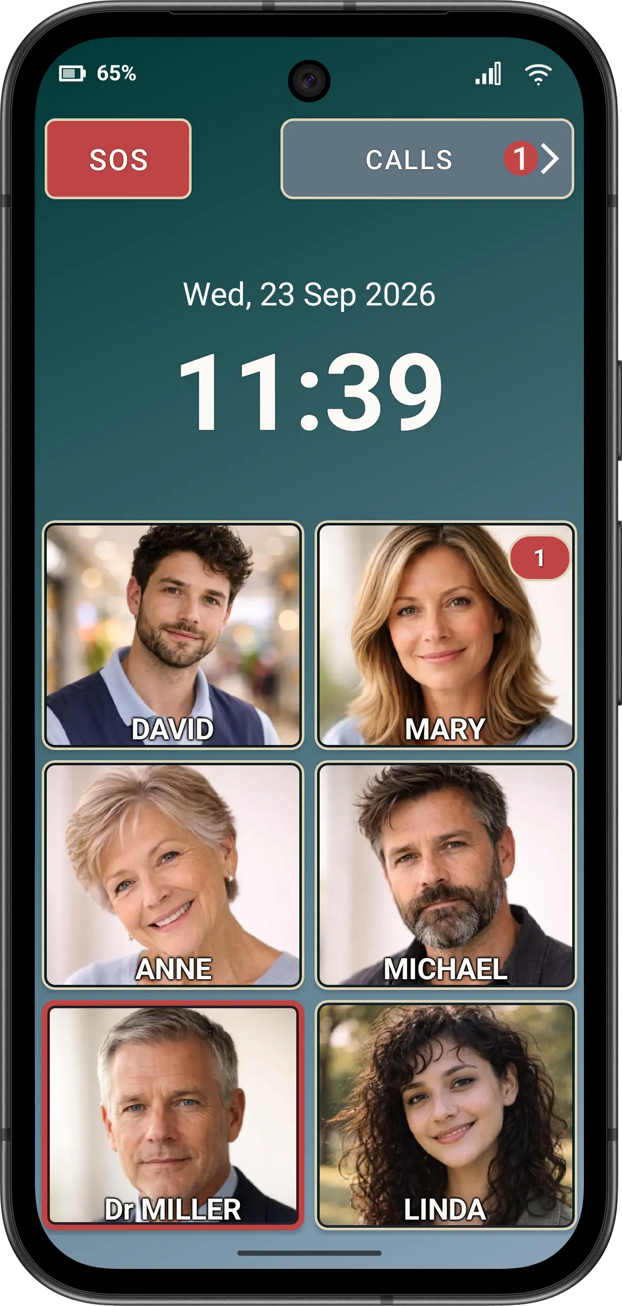 Illustrative Elder Mode main screen with a missed-call badge on CALLS.
