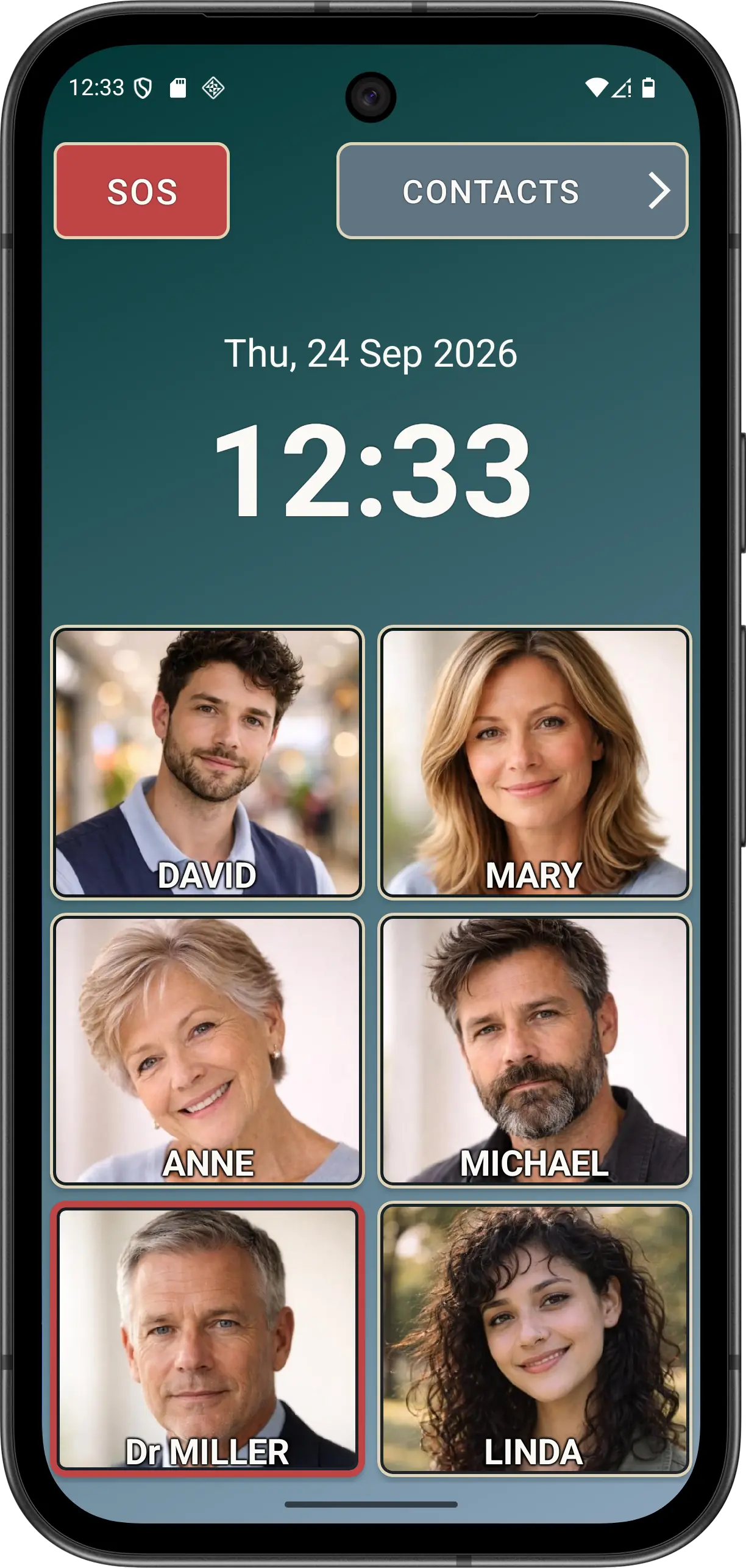 Illustrative Elder Mode main screen with Advanced contact-image speed-dial buttons for fictitious contacts.