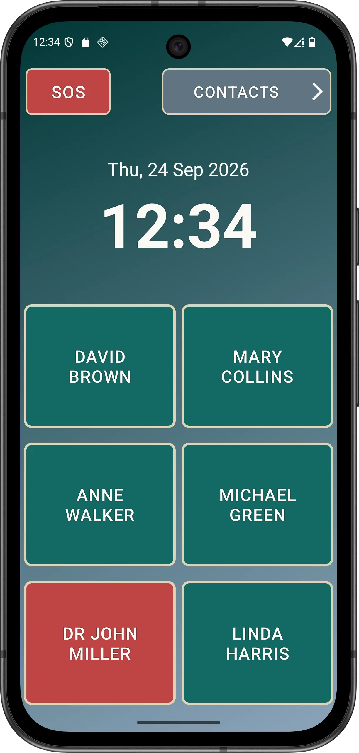 Illustrative Elder Dialler Normal Mode main screen with CONTACTS navigation.