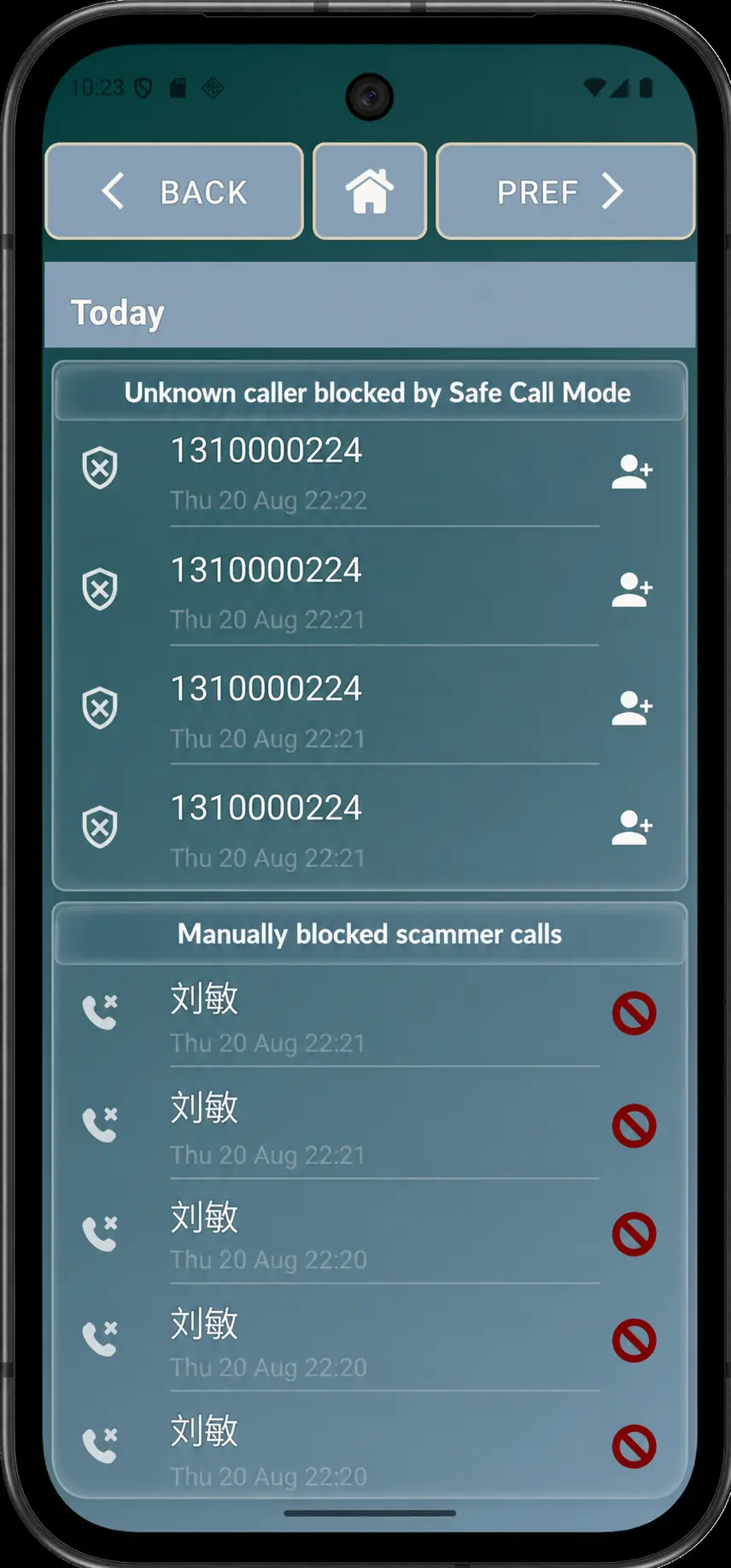 Elder Dialler call history showing rejected calls while Safe Call Mode is active.