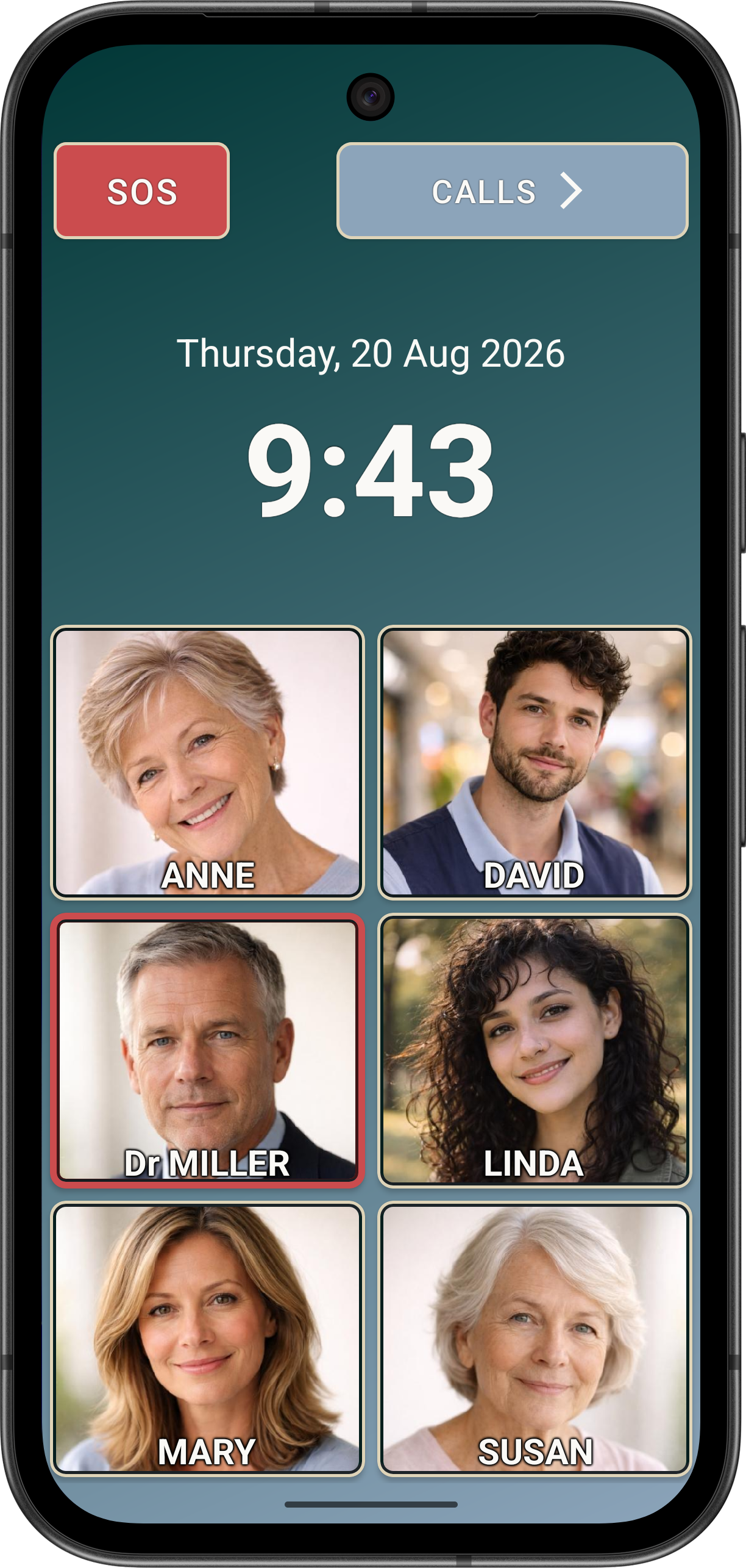 Pinned Elder Dialler main screen showing Advanced contact-image speed-dial buttons without an emergency exclamation badge.