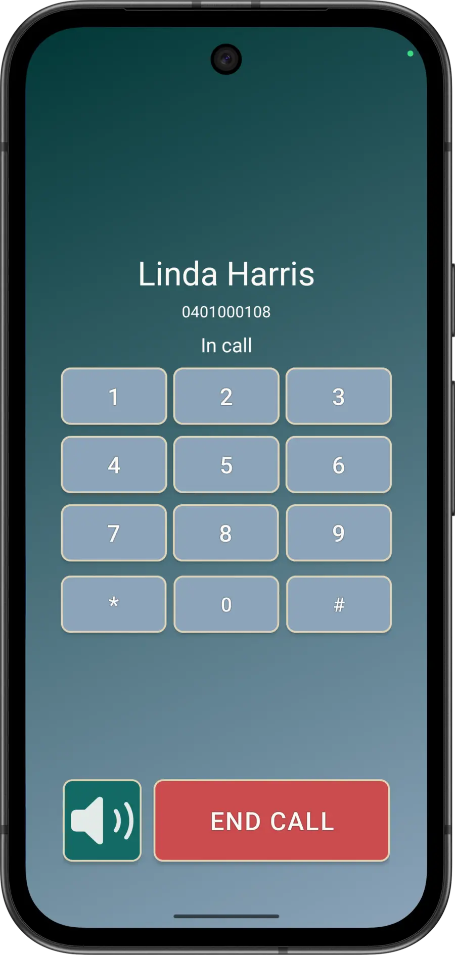 Active Elder Dialler call with a fictitious contact and a large END CALL button.