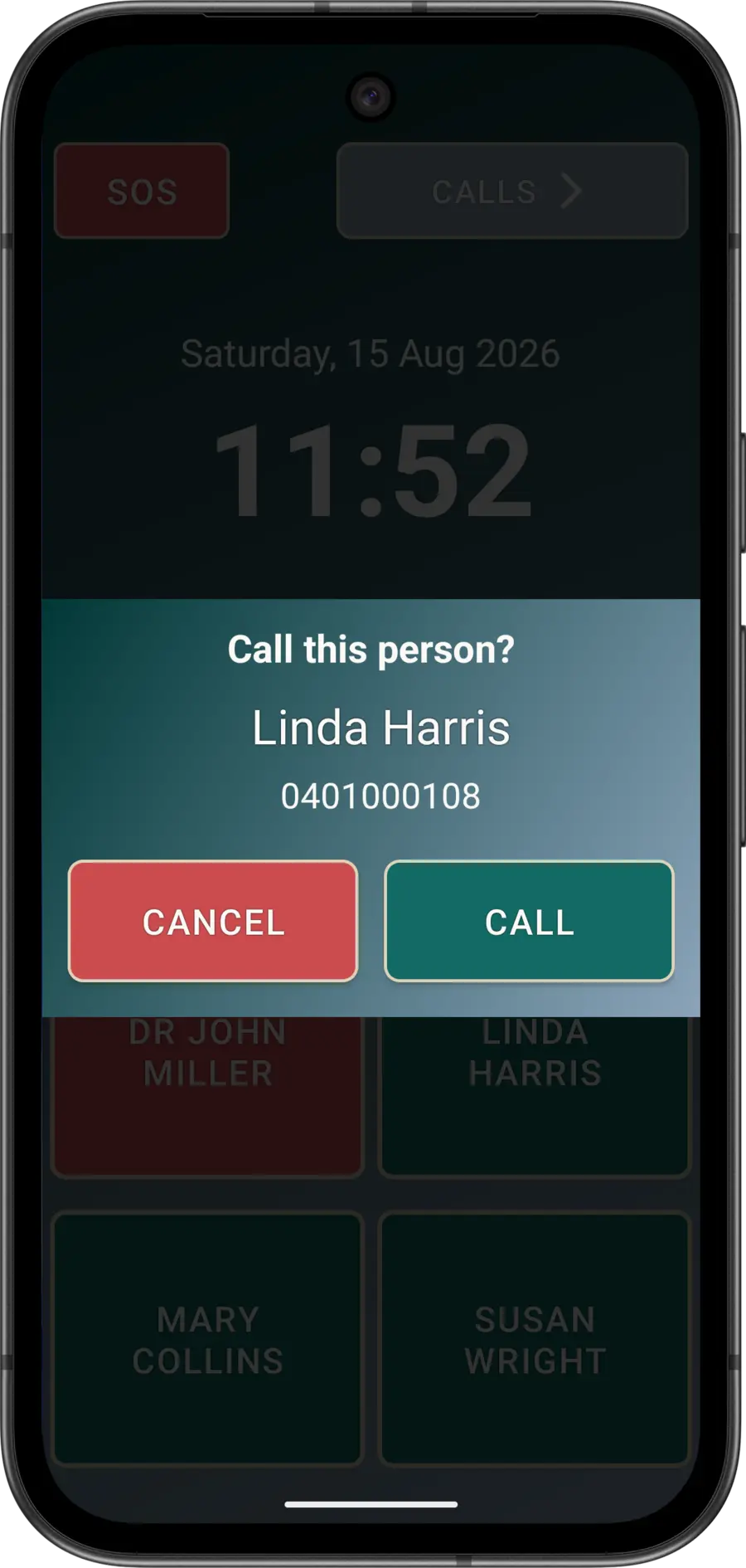 Elder Dialler call confirmation showing a fictitious contact with CALL and CANCEL buttons.