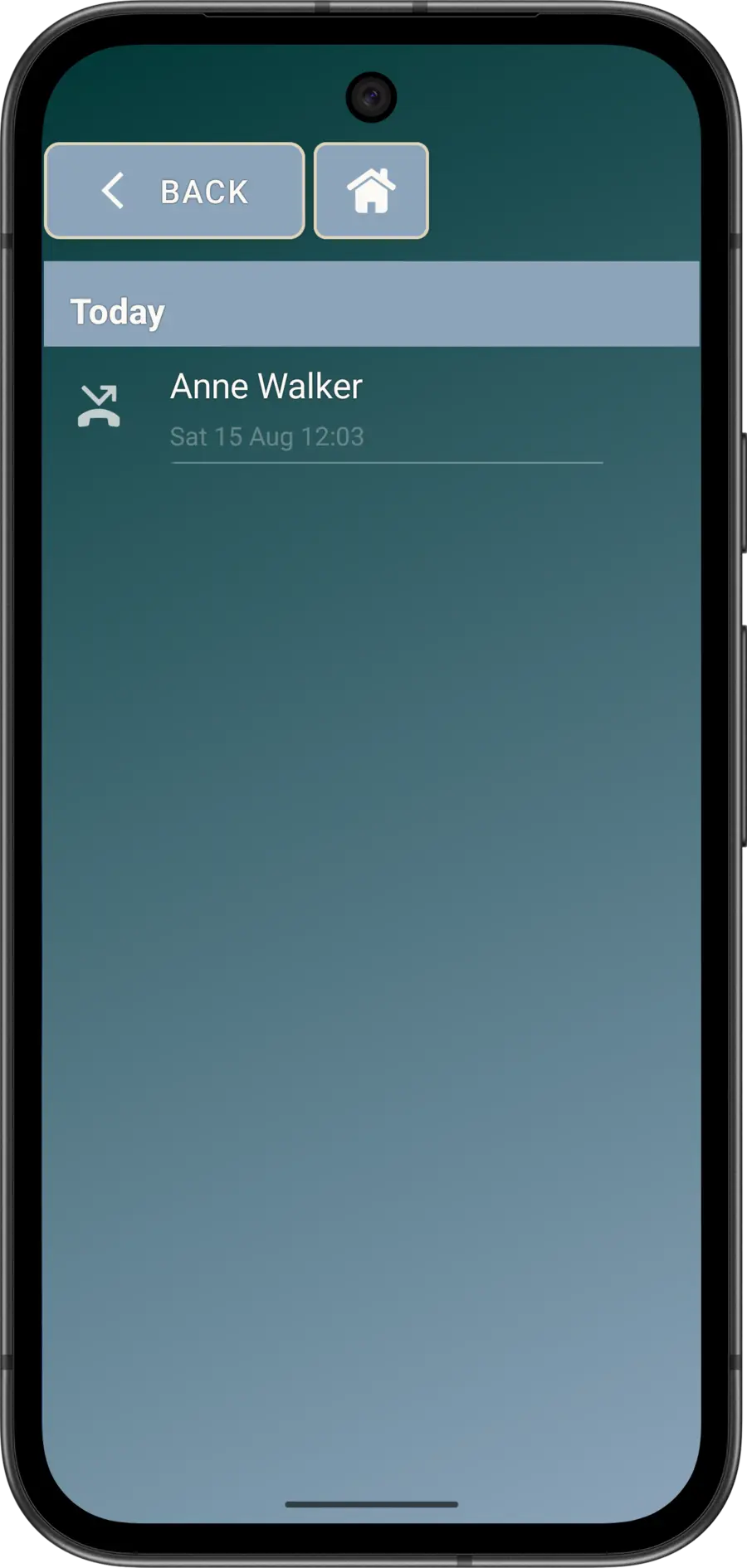 Elder Dialler calls list showing a fictitious missed call marked by an arrow bouncing away from a phone handset.