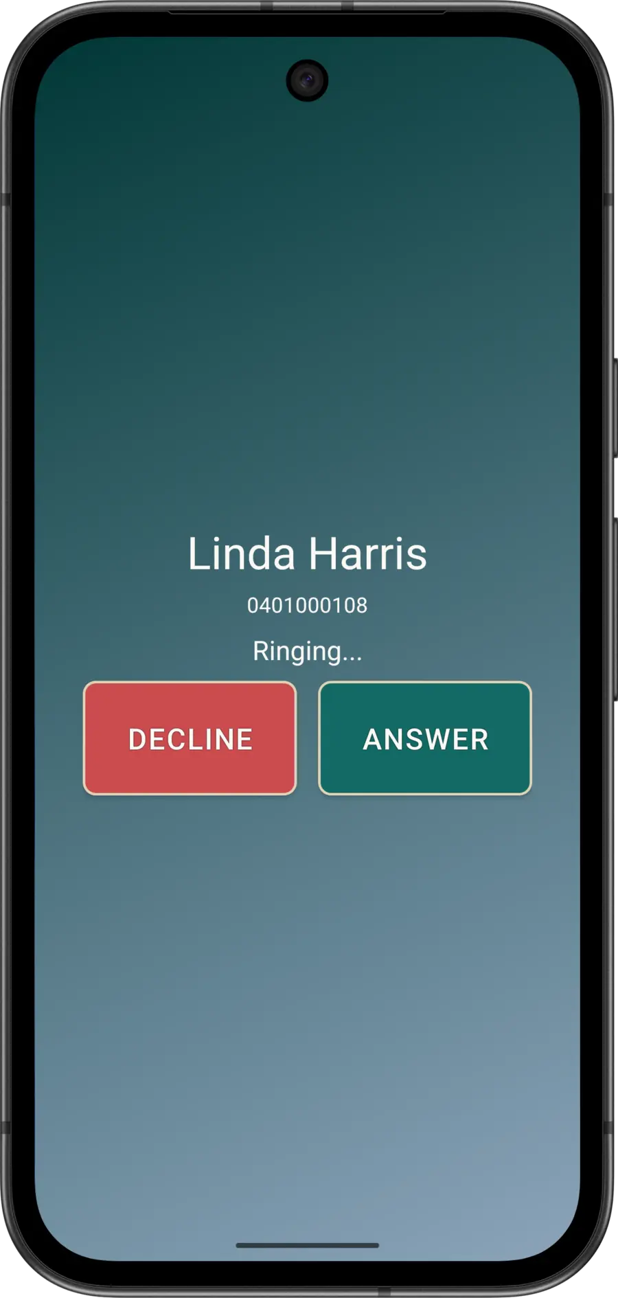 Incoming Elder Dialler call from a fictitious known contact with large ANSWER and DECLINE buttons.
