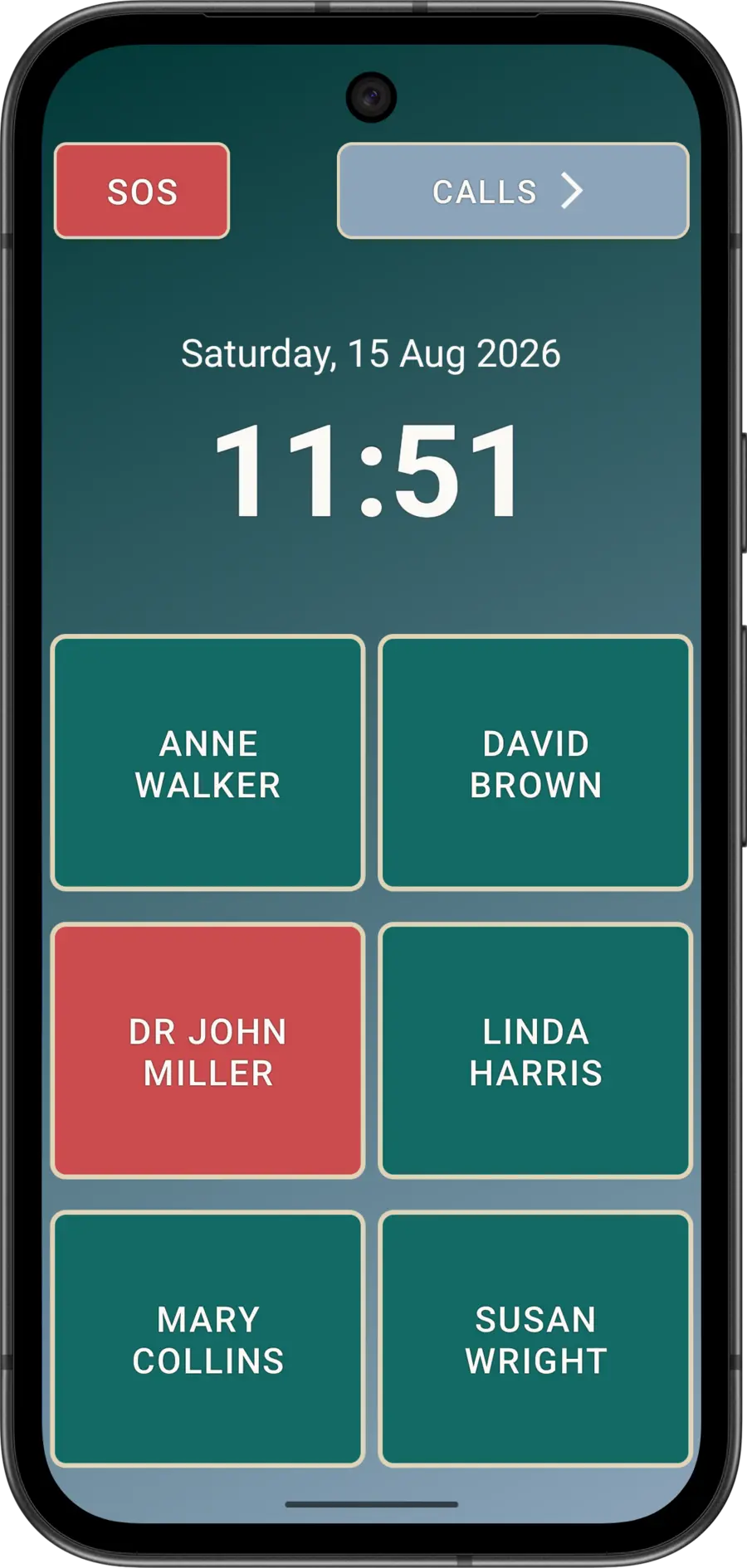 Pinned Elder Dialler main screen showing six large text speed-dial buttons for fictitious contacts.