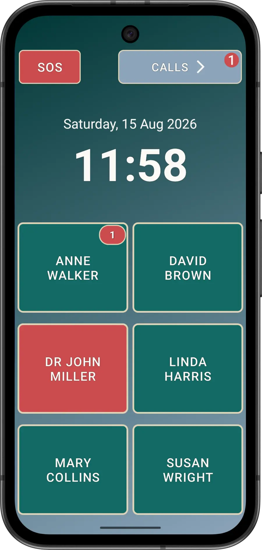 Pinned Elder Dialler main screen with a missed-call badge on the CALLS button.