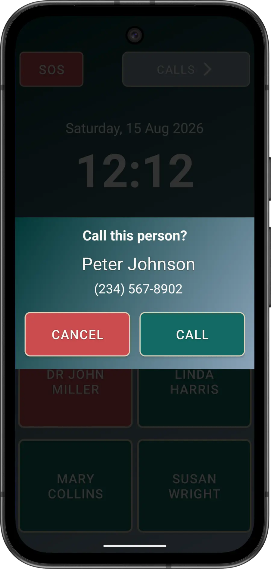 Elder Dialler confirmation for the first fictitious SOS contact before the call sequence begins.