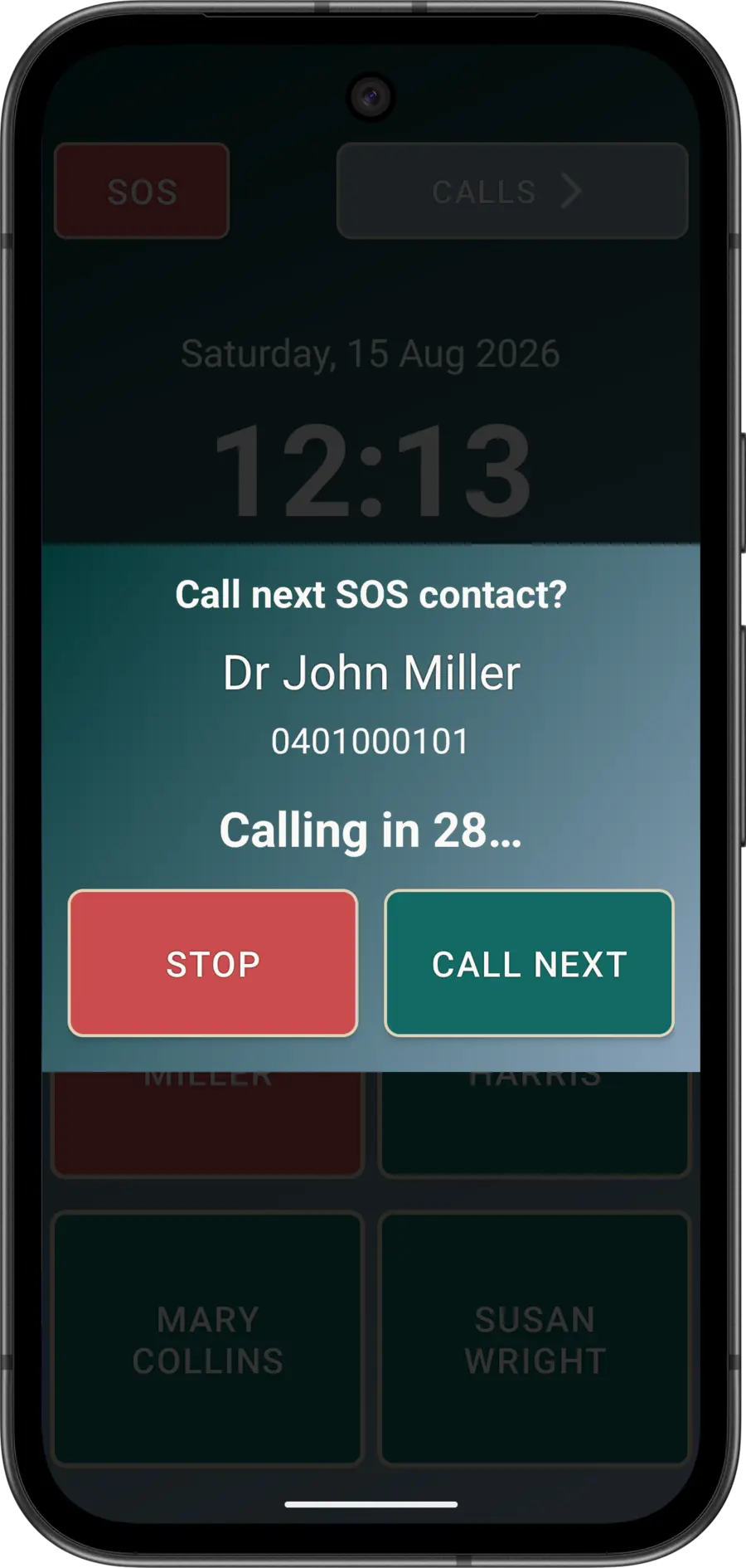 Manual Elder Dialler SOS screen showing a fictitious contact with CALL NEXT and STOP controls.