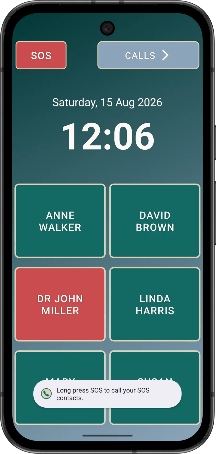 Elder Dialler reminder explaining that the SOS button must be pressed and held.
