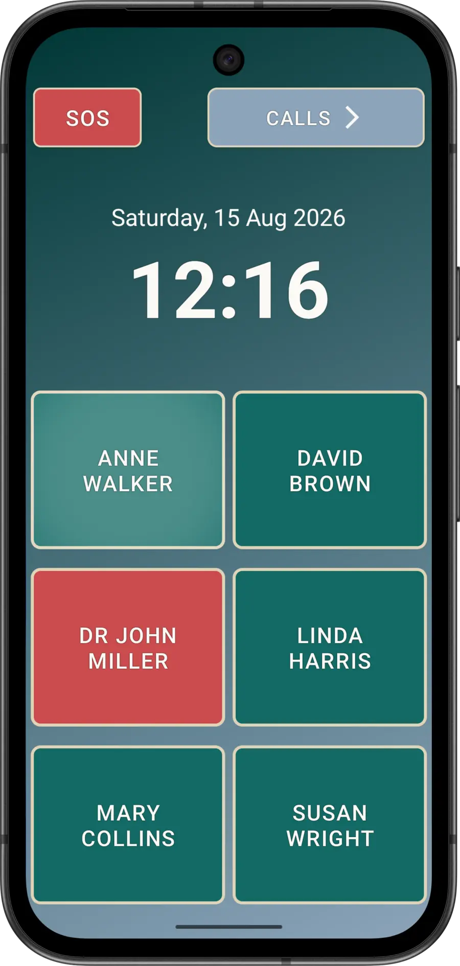 Pinned Elder Dialler main screen with a fictitious contact speed-dial button ready to select.