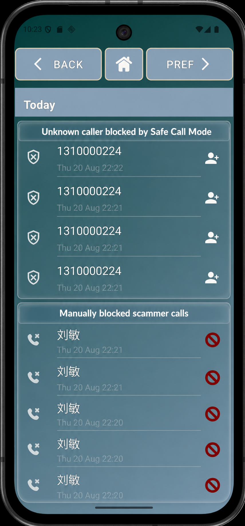 Call history showing unknown callers blocked by Safe Call Mode and manually blocked scammer calls.